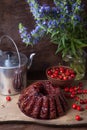 Delicious chocolate cake with sweet cherry, vintage kettle and bouquet of blue flowers on dark wooden background Royalty Free Stock Photo
