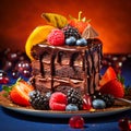 Delicious chocolate cake topped with fresh fruit, beauty light