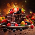 Delicious chocolate cake topped with fresh fruit, beauty light strawberry, blueberry, raspberry