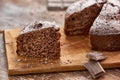 Delicious chocolate cake in white plate on wooden table background Royalty Free Stock Photo