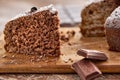 Delicious chocolate cake in white plate on wooden table background Royalty Free Stock Photo