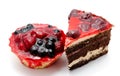 Delicious chocolate cakes pastry with fruit cherry raspberry cur Royalty Free Stock Photo