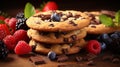 Delicious Chocolate Chip Cookies With Golden Crust And Fresh Berries