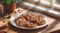 Delicious Chocolate Chip Cookies on Wooden Table in Cozy Kitchen Ambiance