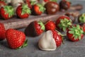 Delicious chocolate covered strawberries on table Royalty Free Stock Photo