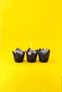 Delicious chocolate cupcakes with cream and candle on yellow background. Three chocolate muffin. Birthday cake party. Royalty Free Stock Photo