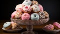 Delicious chocolate donut with pink icing and multi colored sprinkles generated by AI Royalty Free Stock Photo