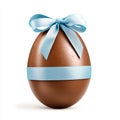 Elegant Chocolate Easter Egg with Light Blue Ribbon Bow 3d food gift brown sweet isolated on white background Royalty Free Stock Photo