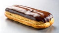 A delicious chocolate eclair pastry with a shiny glaze on a metal surface. Generative AI Royalty Free Stock Photo