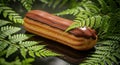 Delicious Chocolate Eclair Pastry Surrounded by Vibrant Green Ferns for Microstock Usage Royalty Free Stock Photo