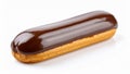 Delicious chocolate eclair pastry on a white background, sweet dessert concept. Royalty Free Stock Photo