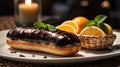 Delicious Chocolate Eclair Pastry with Orange Slices Royalty Free Stock Photo