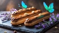 Exquisite Eclairs with Delicate Buttercream, Chocolate Glaze, Lavender, and Azure Butterflies Compos Royalty Free Stock Photo