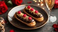 Delicious Chocolate Eclairs Decorated with Hearts and Gold Royalty Free Stock Photo