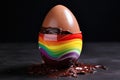 Delicious chocolate egg decorated with rainbow cream and chocolate sprinkles, broken in half, close-up on a dark chic background.