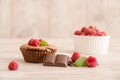 Delicious chocolate lava cake with fresh raspberries, mint and bowl of raspberries