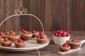 Delicious chocolate lava cakes with fresh raspberries and mint, on the porcelan plate