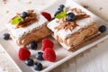 Delicious chocolate millefeuille with raspberry and blueberry cl Royalty Free Stock Photo