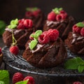 Delicious chocolate muffins with chocolate topping and fresh raspberry Royalty Free Stock Photo