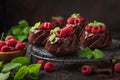 Delicious chocolate muffins with chocolate topping and fresh raspberry Royalty Free Stock Photo