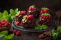 delicious chocolate muffins with chocolate topping and fresh raspberry Royalty Free Stock Photo