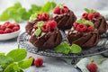 Delicious chocolate muffins with chocolate topping and fresh raspberry Royalty Free Stock Photo