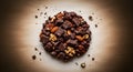 Delicious chocolate nut clusters featuring dark chocolate chunks, almonds, pecans, and walnuts. Great for confections, snacks, and Royalty Free Stock Photo