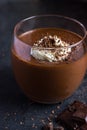 Delicious chocolate pudding with whipped cream in glass