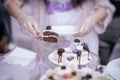 Delicious chocolate slice of cake with cream and blackberries and Different appetizing confectionery, hands of Royalty Free Stock Photo