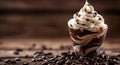 Delicious chocolate sundae topped with whipped cream and chocolate chips