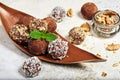 Delicious chocolate truffles. Biscuit cakes in a shape of balls