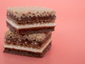 Delicious chocolate wafers with hazelnuts on a pink background. Royalty Free Stock Photo