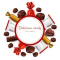 Delicious chocolates candy round card Vector realistic illustrations