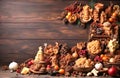 Delicious christmas food composition on wood background