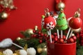 Delicious Christmas cake pops on blurred  background, closeup. Space for text Royalty Free Stock Photo