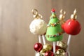 Delicious Christmas themed cake pops on blurred background. Space for text Royalty Free Stock Photo