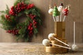 Delicious Christmas themed cake pops on wooden table. Space for text Royalty Free Stock Photo