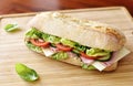 Delicious ciabatta sandwich with ham, tomatoes, fresh salad and cucumber Royalty Free Stock Photo