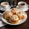 Delicious Cinnamon Buns With Icing And Coffee Royalty Free Stock Photo