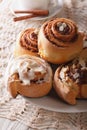 Delicious cinnamon rolls close up on a plate and coffee. vertical