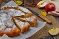 Delicious classic American apple pie. Freshly baked pastry with fruits. Healthy food concept. Rustic style. Copy space Royalty Free Stock Photo