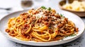 A delicious, classic Italian dish of hot spaghetti bolognese