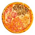 Delicious classic italian Pizza Four seasons with spicy chicken, mushrooms and cheese.