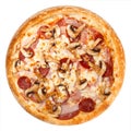 Delicious classic italian pizza with Mozzarella, bacon, ham ,pepperoni sausage and mushrooms Royalty Free Stock Photo