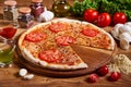 Pizza margarita with tomato sauce, fresh mozzarella, parmesan and basil on the wooden rusty background Royalty Free Stock Photo