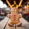 Delicious classy cookie, homemade sweet and tasty gingerbread stands on wooden table outdoor. Christmas composition