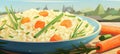 Delicious close up of creamy risotto with fresh spring carrots and leeks served on a white plate