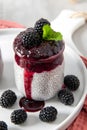 A delicious close-up of a jar of chia pudding with blackberry compote, fresh berries, and a mint leaf Royalty Free Stock Photo