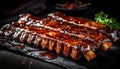 Delicious close up of roasted sliced barbecue pork ribs, showcasing juicy and tender meat