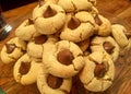 Delicious Closeup of Peanut Butter and Chocolate Cookies on a Wooden Counter Royalty Free Stock Photo